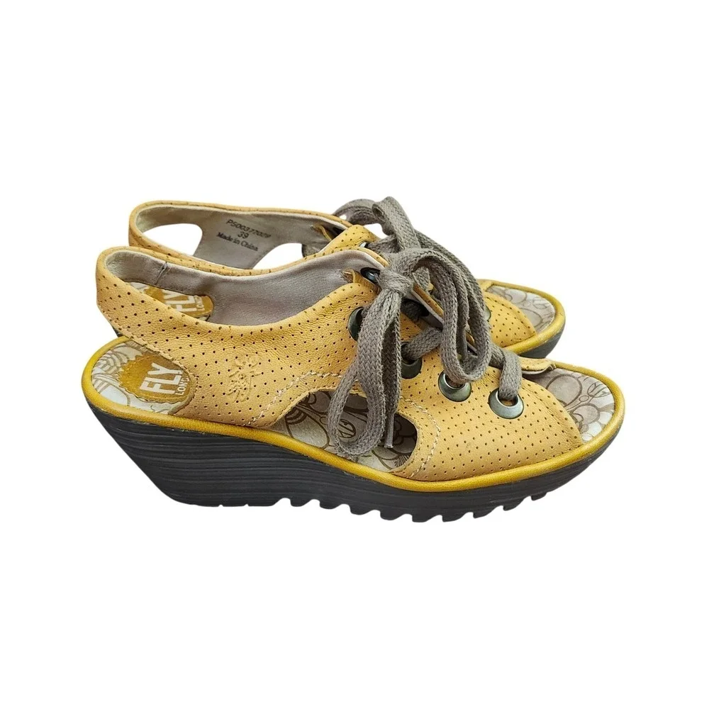 Fly London Yasi Mustard Yellow Perforated Leather Wedge Sandals Size 39